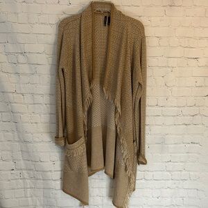 New Directions Tan Open-Front Fringed Woman’s  Sweater